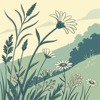 Stylized meadow scene with daisies and tall grasses in pastel tones vector