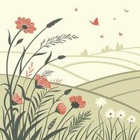 Whimsical field of wildflowers and butterflies under rolling hills vector