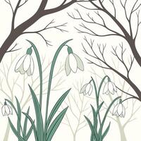 Delicate white snowdrop flowers bloom amidst bare winter trees signaling the gentle arrival of spring in a stylized illustration vector