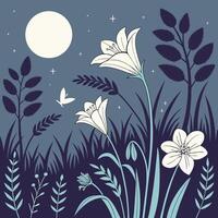 Enchanting moonlight garden scene with white lilies and butterfly vector
