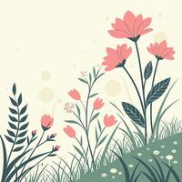 A gentle springtime meadow scene unfolds with delicate pink flowers and lush green foliage against a soft creamy background vector