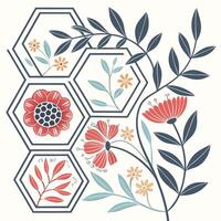 Geometric hexagons frame stylized flowers and leaves in a botanical design vector
