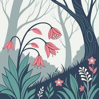 Enchanting forest scene with bell shaped flowers and tall trees vector