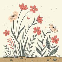 Whimsical meadow scene with delicate flowers and a butterfly vector