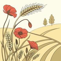 Stylized red poppies and wheat stalks in a golden field vector