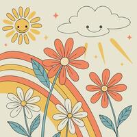 Retro sunshine and flowers with a happy cloud and rainbow vector