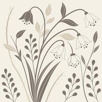 Elegant minimalist floral illustration featuring delicate bell shaped flowers and botanical elements in a muted earth toned color palette vector