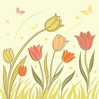 Delicate spring tulips and butterflies bloom in a gentle breeze under a soft yellow sky vector