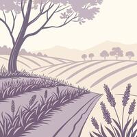 Serene lavender field with rolling hills and a majestic tree vector