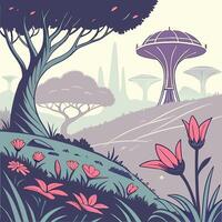 Whimsical alien landscape featuring stylized flora and futuristic mushroom like structures under a pale sky vector