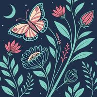 Whimsical butterfly and flowers under a crescent moon vector