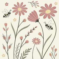 Charming illustration of bees buzzing around delicate pink wildflowers and green foliage on a soft cream background vector