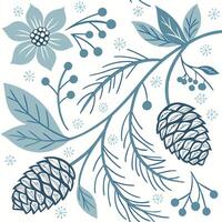 Charming blue and white winter pattern featuring pinecones evergreen branches berries and a stylized flower with snowflakes vector