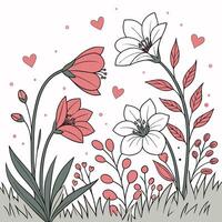 Charming illustration of pink and white flowers with delicate hearts and berries in a whimsical garden setting vector