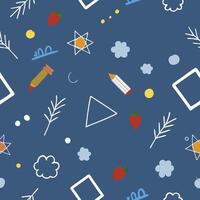 Seamless pattern with childlike drawings of crayons strawberries and shapes vector