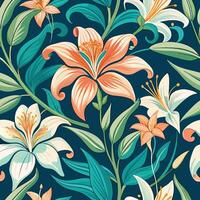 Seamless pattern with peach and white lilies vector