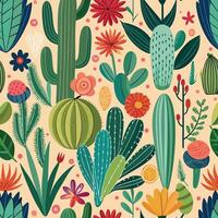 Colorful cactus and desert flower seamless pattern vector