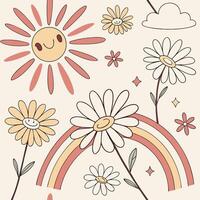 Retro groovy sun and flowers with rainbow and cloud illustration vector