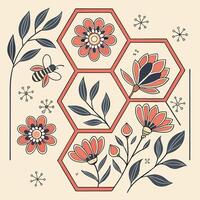 Whimsical honeycomb pattern with bees and floral motifs vector