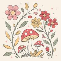 Mushrooms and Colorful Flowers Illustration with Leaves and Botanical Elements on Light Background vector