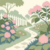Charming garden path lined with pink hydrangeas and a white picket fence vector