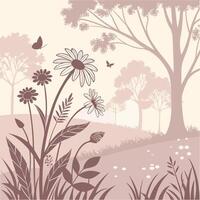 Serene meadow landscape with delicate daisies and butterflies amidst softly silhouetted trees vector