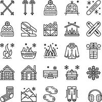 Winter and Ski Resort Icons Set with Snow Gear, Cabin, Snowflake, and Outdoor Elements vector