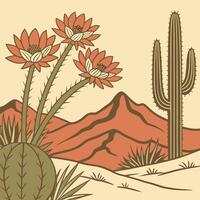 Vibrant desert landscape featuring blooming cacti and majestic saguaro against a backdrop of rolling terracotta mountains and a pale sky vector