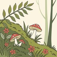 Enchanting forest floor with red spotted mushrooms and delicate flowers vector