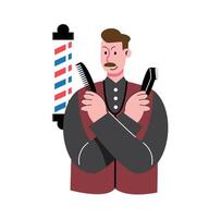 Barber Character with Tools and Classic Barber Pole vector