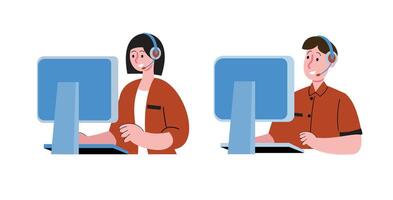 Cartoon Call Center Agents Working on Computer vector