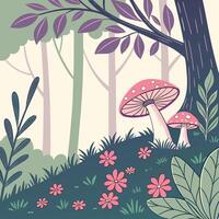 Enchanting forest scene featuring whimsical pink mushrooms delicate flowers and lush foliage under a canopy of purple leaves vector