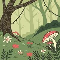 Enchanting forest scene with whimsical mushrooms and delicate flowers creating a magical woodland atmosphere vector