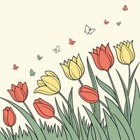 A charming hand drawn illustration of red and yellow tulips blooming in a field with delicate butterflies fluttering around them vector