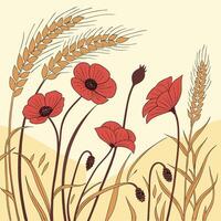 Delicate red poppies bloom amidst golden wheat stalks in a stylized field vector