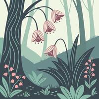 Enchanting forest scene with bell shaped flowers and lush greenery vector