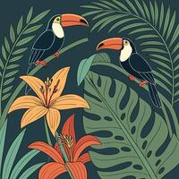 Colorful tropical jungle scene with two toucans sitting on branches surrounded by lush green leaves and exotic flowers perfect for nature themes wildlife concepts and tropical inspired design projects vector