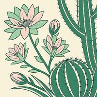Desert Cactus and Succulent Flowers Illustration Seamless Nature Design in Pastel Colors vector