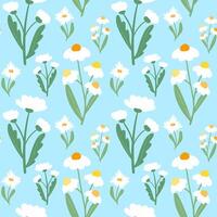 Chamomile branches and flowers patetrn on blue background. Trendy flat daisy seamless pattern for textile, fabrics, wrapping paper, prints, home decor vector