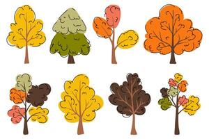 Tree collection in hand drawn flat style. Artistic autumn trees elements set. Fall forest tree icons in orange, yellow and brown colors. Woods doodle symbols set. vector