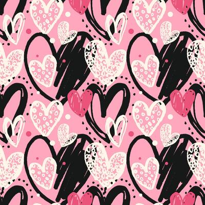 Modern grunge heart pattern. Funky marker drawn hearts seamless pattern. Playful romantic hearts pattern on pink backgound for fabrics, textile, wrapping paper, packaging