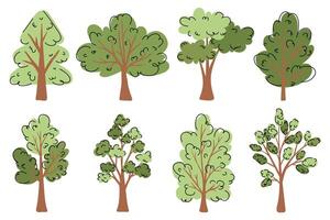 Green trees collection in hand drawn flat style. Woods doodle symbols set. Spring and Summer trees. Artistic forest tree icons for presentations, website, ads, school, kids, infographics, packaging. vector