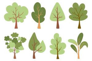 Flat tree set. Cartoon green trees collection, Woods doodle symbols set. Spring and Summer trees. Artistic forest tree icons for presentations, website, ads, school, kids, infographics, packaging. vector