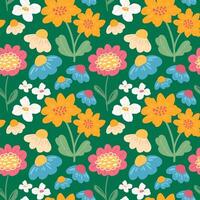 Abstract creative flowers seamless pattern. Colorful wildflowers and foliage hand drawn summer pattern. Spring floral pattern for textile, kids, fabrics, decor, print design, cards,packaging vector