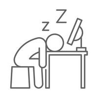 Exhausted employee sleep icon Line outline thin style of person slumped at desk in front of monitor Editable stroke symbol for digital fatigue and workplace burnout illustration vector