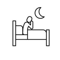 Insomnia icon outline style. A person sitting awake on bed at night under moon symbolizing sleep disorder or difficulty falling asleep. Thin line symbol illustration. vector