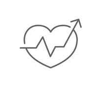 High blood pressure icon outline style. A heart with heartbeat line and upward arrow representing hypertension, heart risk, or medical monitoring. Thin line symbol illustration. Editable stroke vector