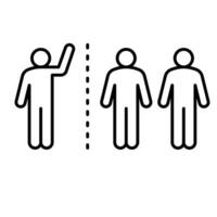 Exclusion icon outline style. Individual figure away from two grouped people symbolizing social rejection, quarantine, or separation. Thin line symbol illustration. vector