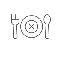 Appetite loss icon outline style. Crossed plate between fork and spoon representing food aversion, meal refusal, or digestive issue. Thin line symbol illustration. Editable stroke vector