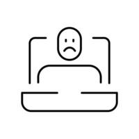 Sad remote worker icon thin line outline of person in conference feeling stressed tired or emotionally drained during online meeting vector